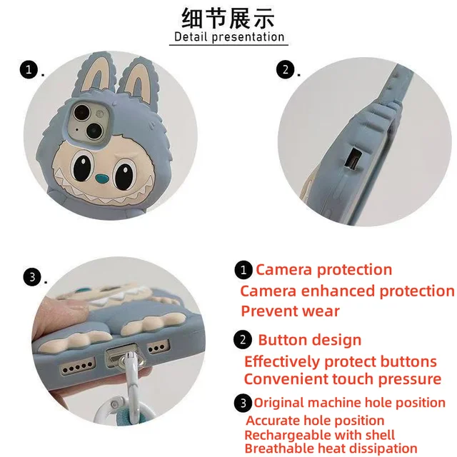 3D Cartoon Kawaii Monster Rabbit Soft Silicone Phone Case For iPhone 16 15 14 Plus 13 12 11 Pro Max 16promax With Lanyard Cover 6