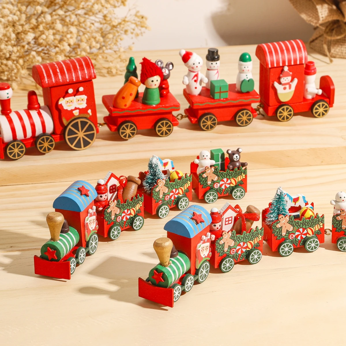 Christmas Wooden Train Ornament Painted Toy Train With Santa Claus Snowman Crafts For New Year Xmas Party Xmas Gifts