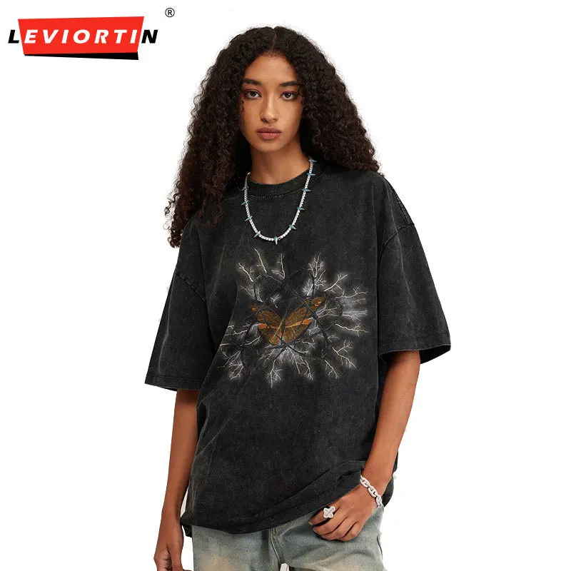 

Men Streetwear Heavy T Shirt Washed Black Hip Hop Oversize Tshirt Butterfly Lightning Graphic T-Shirt 2024 Cotton Harajuku Tops