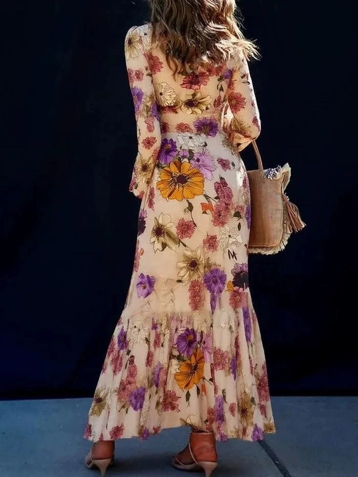 Abito elegante da donna in chiffon a maniche lunghe Moda Primavera Autunno Manica a lanterna Vita con volant Stampa floreale Abiti da festa da donna - immagine 3