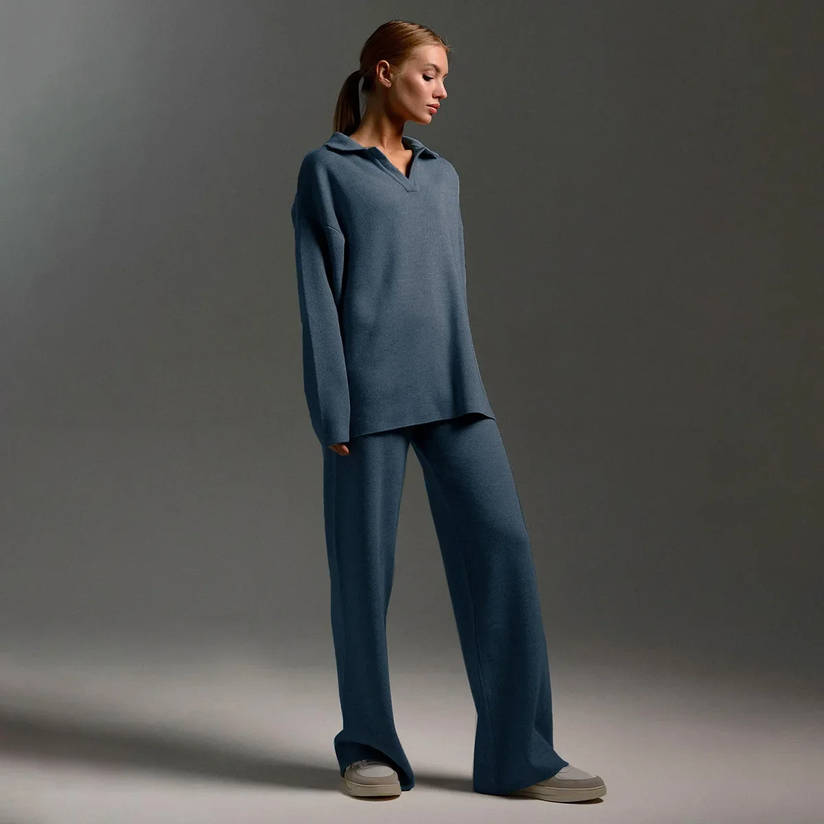 Bornladies Winter Thick Women Knitted Suits Soft 2 Pieces Sets Female Polo Neck Sweater & Wide Leg Pants Knitted Outfit