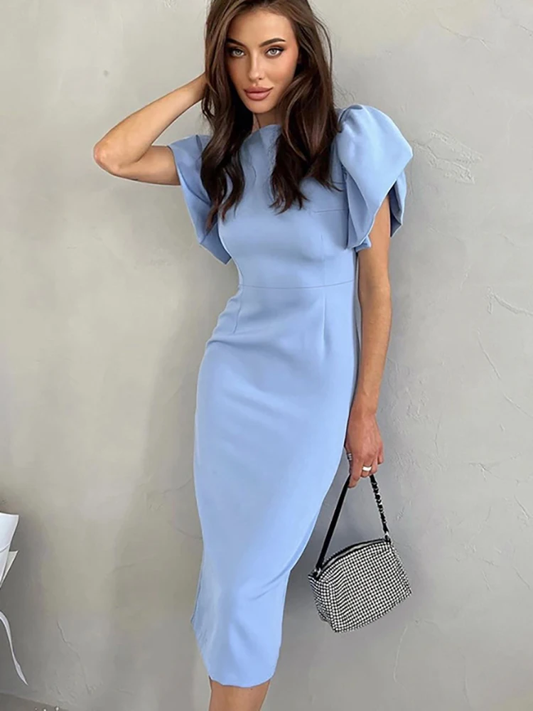 Elegant Bodycon Midi Dresses For Women Summer Casual Ruffle Sleeve