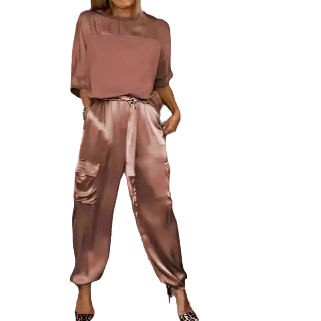 Women Casual Satin Ribbon Pullover Shirt Tops Harem Pant Suits