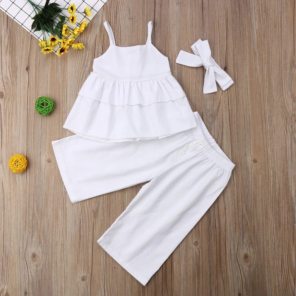 US Stock Summer Toddler Baby Girl Ruffle Sling Crop Tops Wide Leg Long Pants Headband Sweet Kids 3PCS Outfits Cotton Set 1-6Y
