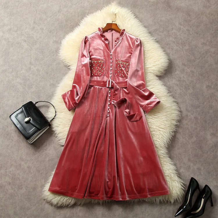 

European and American women's clothing 2023 autumn new Long sleeve stand collar studded pocket Fashionable velvet pink dress