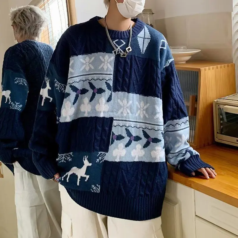 Autumn and Winter Couples Thickened New Christmas Sweater Loose Retro Splicing American Lazy Jacket Sweater 6