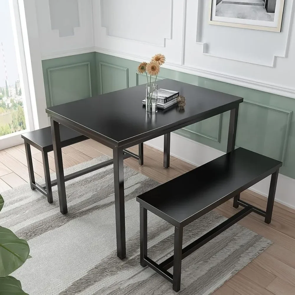 

Dining Room Table Set,Kitchen Tables Set with 2 Benches,Breakfast of 47.2x28.7x28.7 inches,Benches of 41.3x11.8x17.7inches,Black