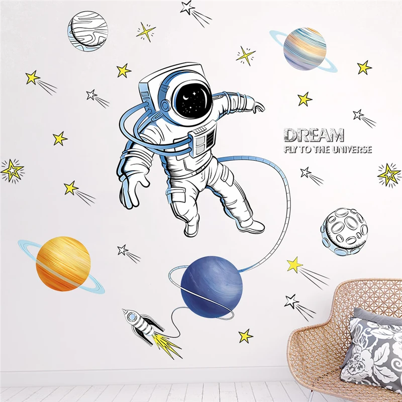 

Cartoon Astronaut Travelling In Cosmos Wall Stickers For Kids Room Home Decoration Planet Star Mural Art Pvc Decals Space Poster