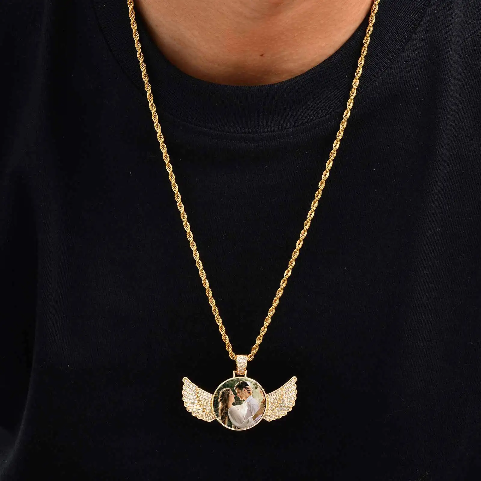Hip Hop Photo Necklace for Men Boys,Personalized Pictue Wings Round Pendant Necklace,Anniversary Father's Gift