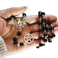 Chaîne de pull longue en perles artificielles de Style foncé, pendentif chauve-souris et Pentacle Vintage pour femmes ou hommes 1