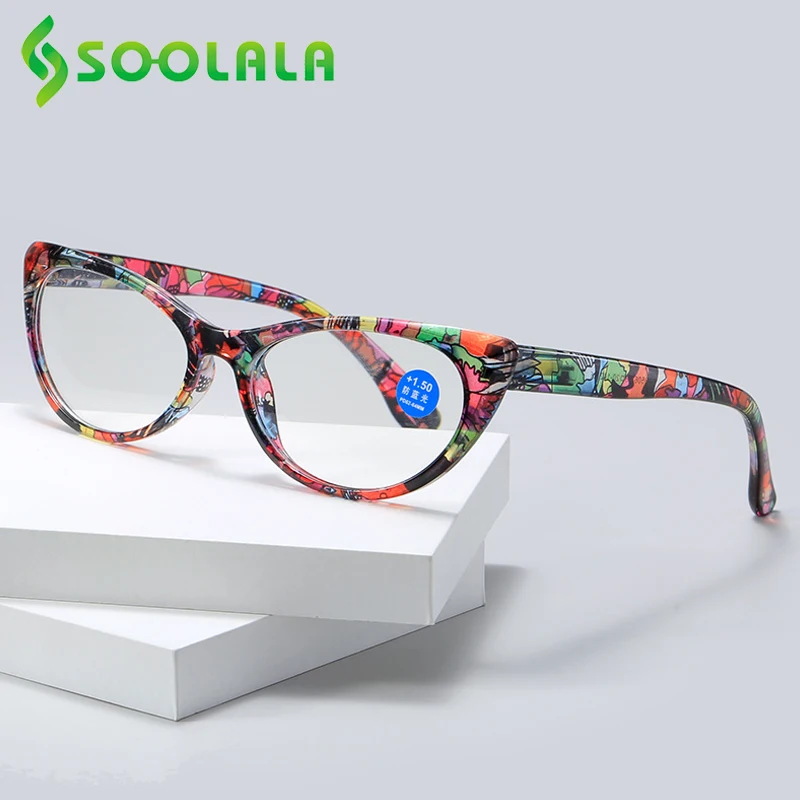

SOOLALA Cat Eye Spring Hinged Reading Glasses Anti Blue Light Women Ladies Floral Printed Presbyopic Reader Computer Eyewear