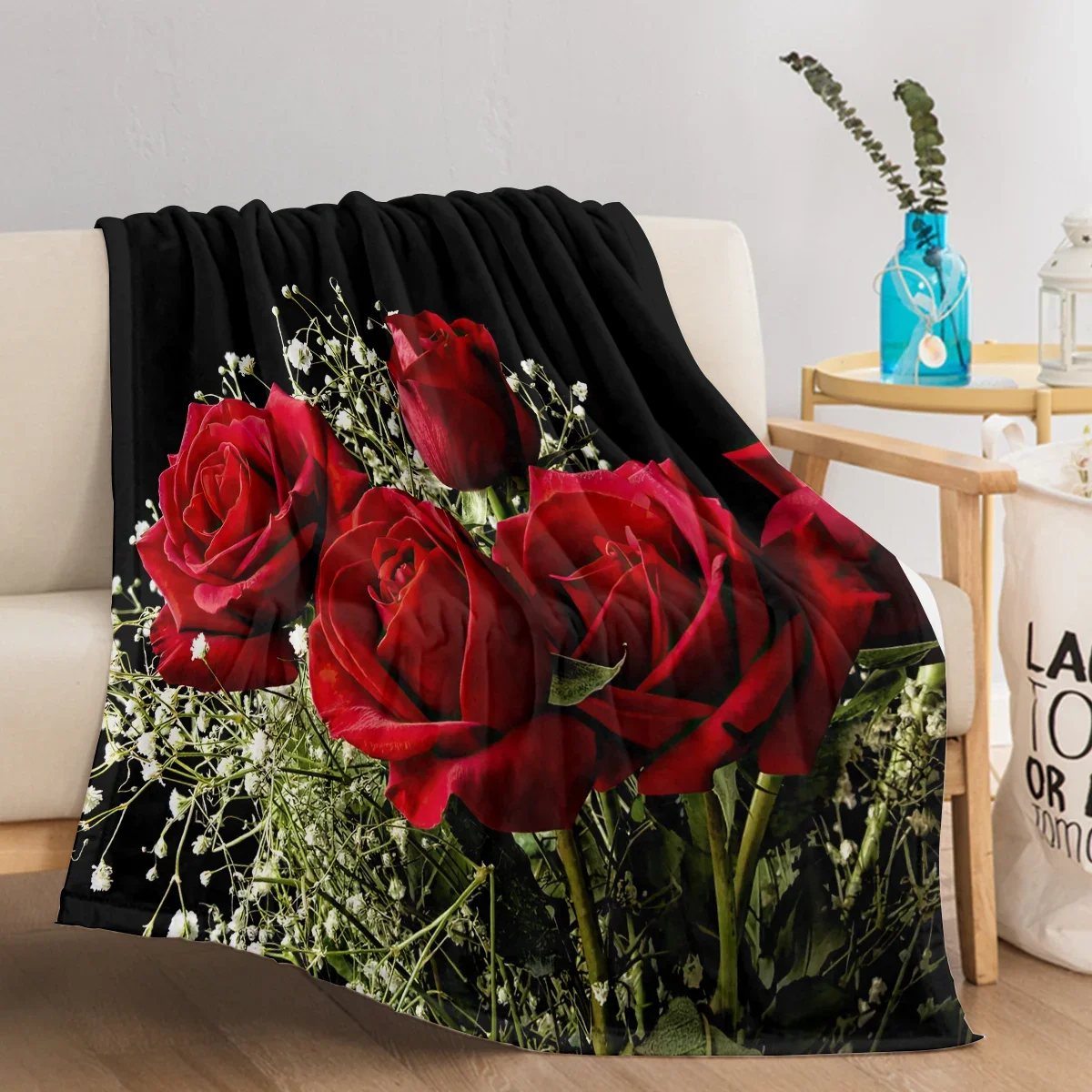 3d Print Blanket Babysbreath and Roses in Black Ground Throw Blanket Green and Red Floral Soft Fleece Blanket for Couch Bed 2