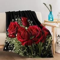 3d Print Blanket Babysbreath and Roses in Black Ground Throw Blanket Green and Red Floral Soft Fleece Blanket for Couch Bed 2