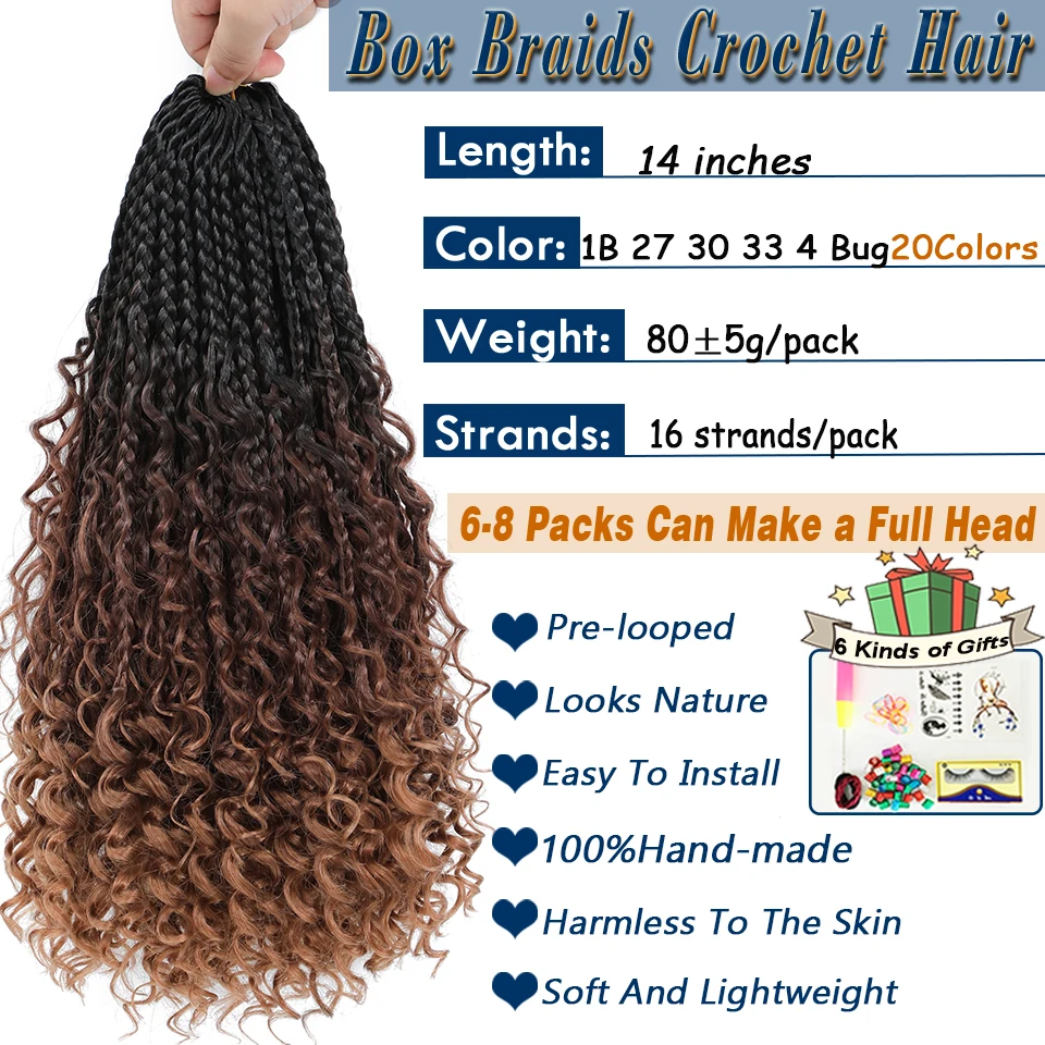 Short Box Braids Crochet Hair 14 Inch 1B 30 27 33 4 350 613 Blue Red Bug Pink Colors Ombre 3X Goddess Synthetic Box Braids Hair