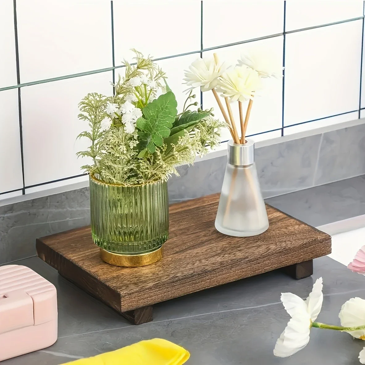 Wood Tray Pedestal Stand Bathroom Decor Wooden Vanity Hands Soap Scented Candle Storage Holder Tray Kitchen Seasoning Holder 3