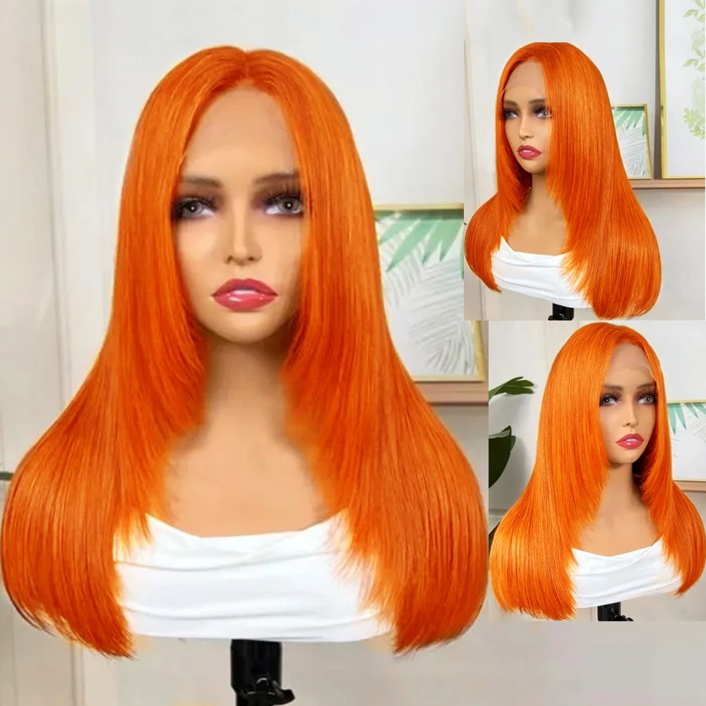 

Diniwigs оранжевые Длинные Синтетические кружевные передние парики, многослойные прямые синтетические парики из термоволокна, предварительно выщипанные кружевные передние парики для косплея