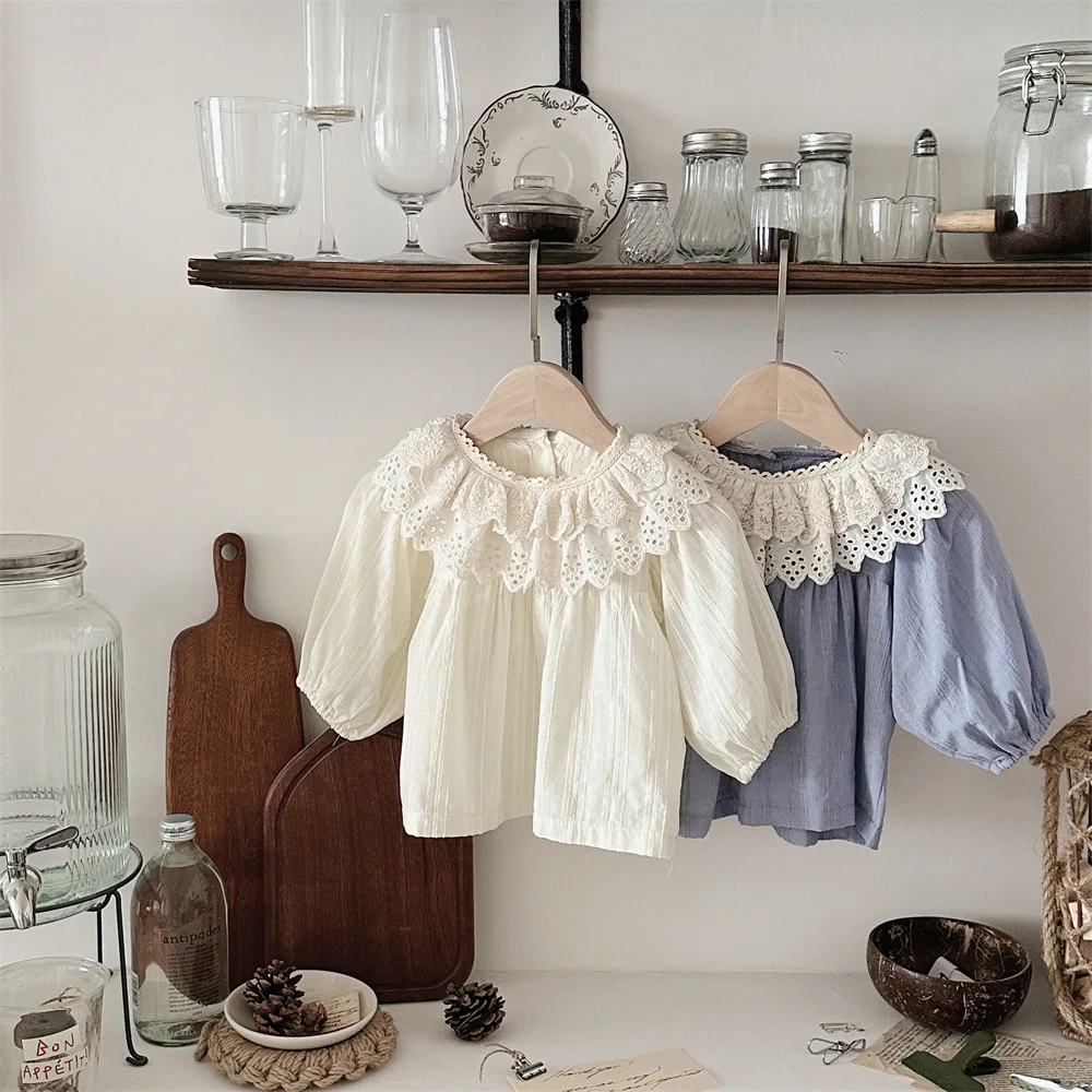 Description Picture 2 of item2025 Spring New Baby Girls Long Sleeve Lace Collar Tops Cotton Infant Toddler Solid Princess Bottoming Shirt Baby Clothes