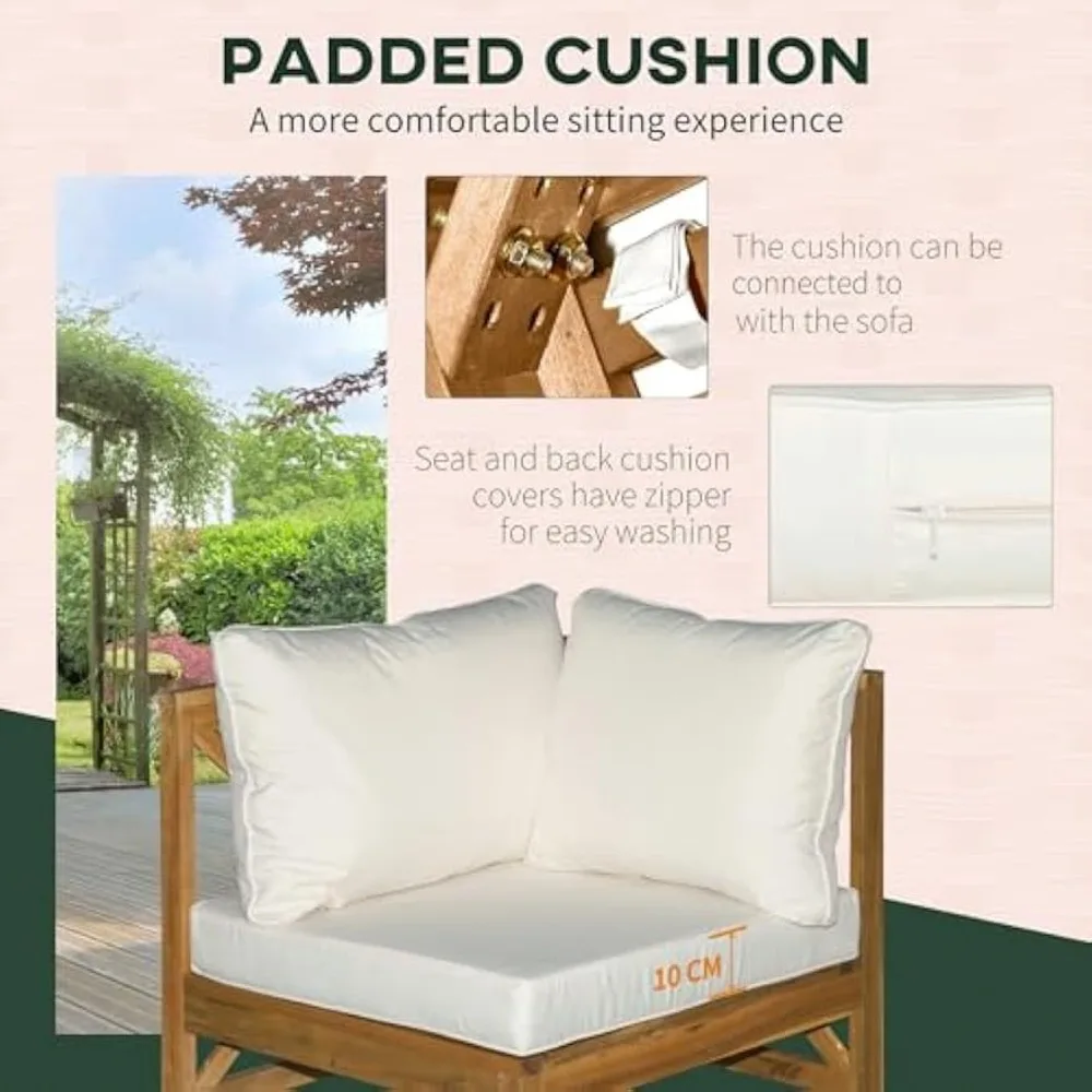 6-piece wooden patio furniture set, outdoor sofa with cushions, coffee table, acacia wood conversation set, cream white
