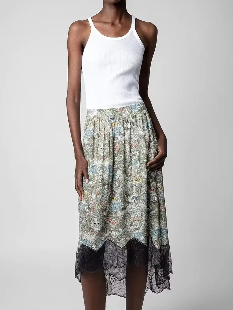 

Women's Skull Floral Print Skirt Lace Trim High Waist Irregular Midi Jupe