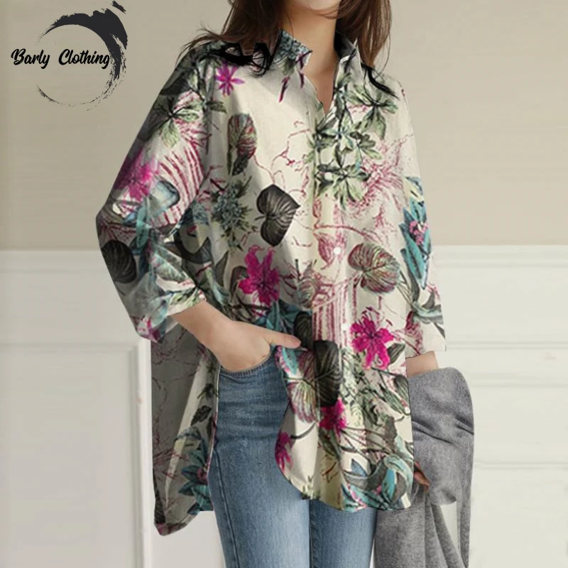 

New Summer Fashion Woman Blouse 2023 Oversized Printed Square Neck Long Sleeved Streetwear Buttons Shirts and Blouses for Women