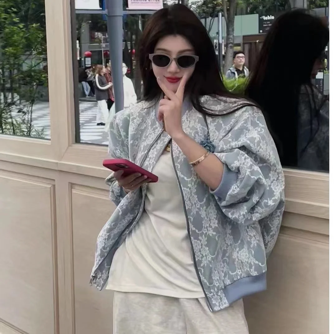 

Женская кружевная куртка с воротником-стойкой и длинным рукавом, демисезонная свободная бейсбольная куртка на молнии с цветочным принтом