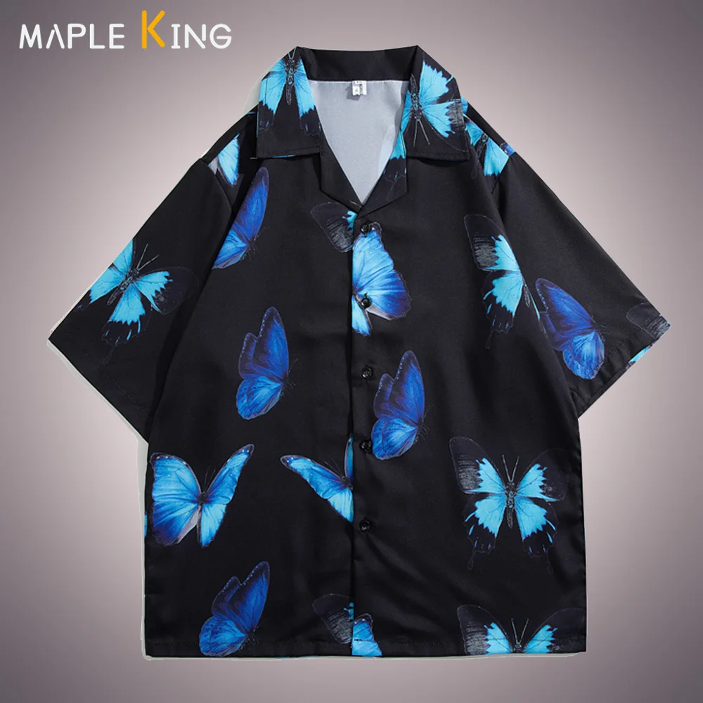

Harajuku Butterfly Printed Shirts for Men Clothes Steampunk Hombre Summer Japanese Style Hip Hop Loose Shirt Copule Streetwear