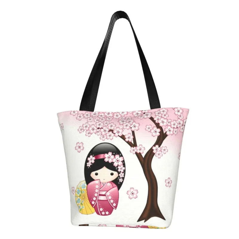 

Custom Japanese Kokeshi shopping canvas bags women reusable cute cute girly sakura cherry blossom tote bag