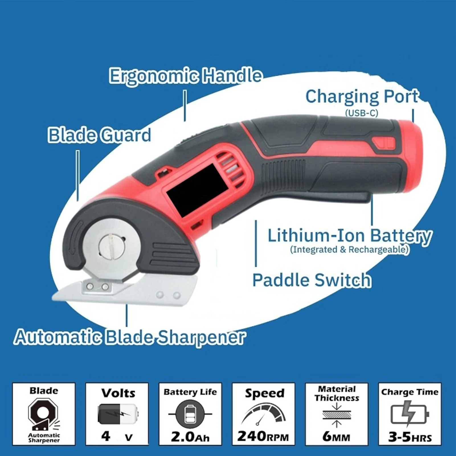 무선 전기 가위 4V 2000mah 안전 잠금 장치가 있는 충전식 커터(240RPM) - 판지, 가죽, 종이, 펠트, 원단, 데님용)
