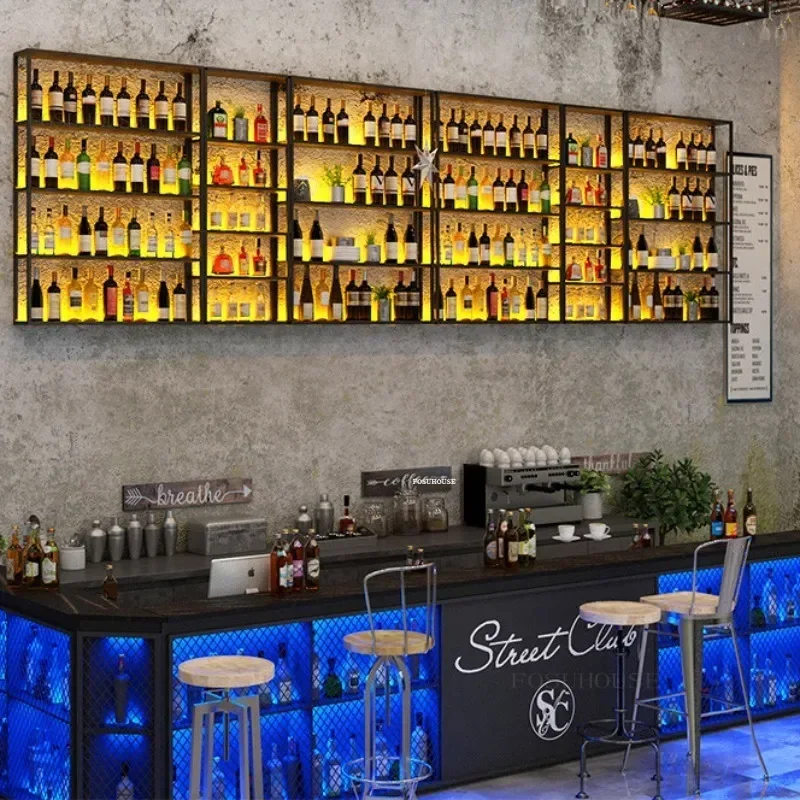 Wrought Iron Wall-mounted Bar Wine Display Cabinets for Living Room Restaurant Bar Home Showcase Industrial Wine Rack with LED s