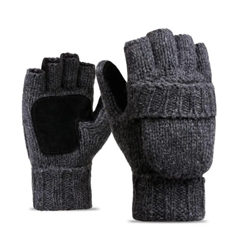 Unisex Plus Thick Male Fingerless Gloves Men Wool Winter Warm Exposed Finger Mittens Knitted Warm Flip Half Finger Gloves