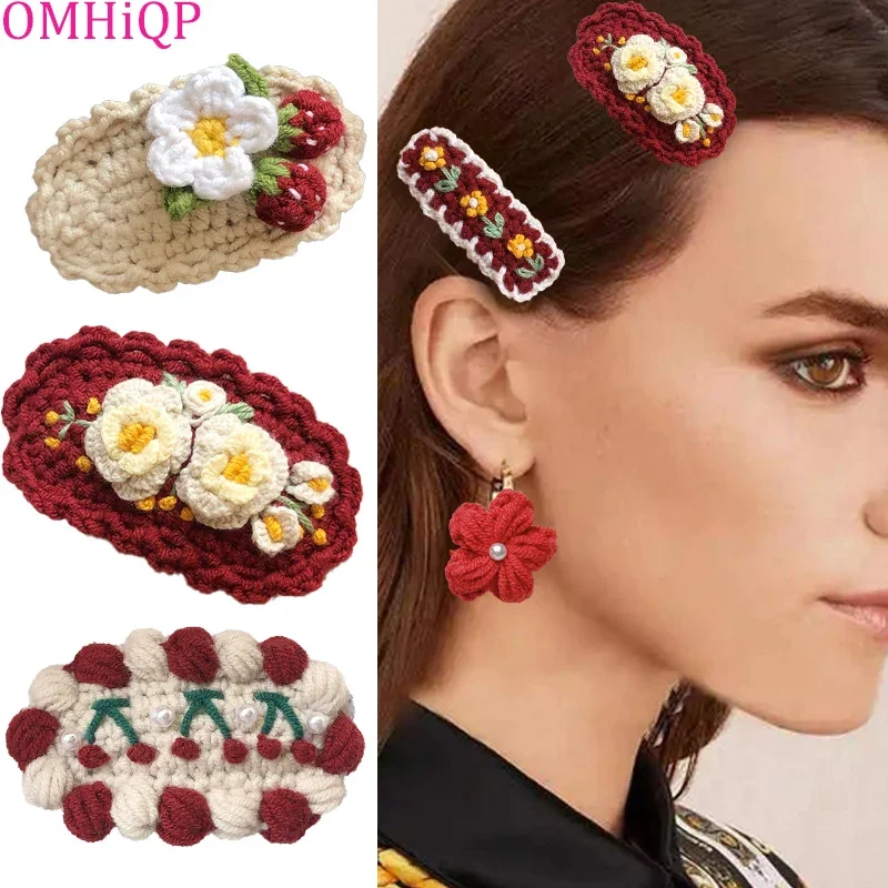 1 Pcs Pure Handmade Red Woolen Knitted Bow Hairpin Bangs Clip Girl Flower BB Clip Side Barrettes Hair Accessories 2