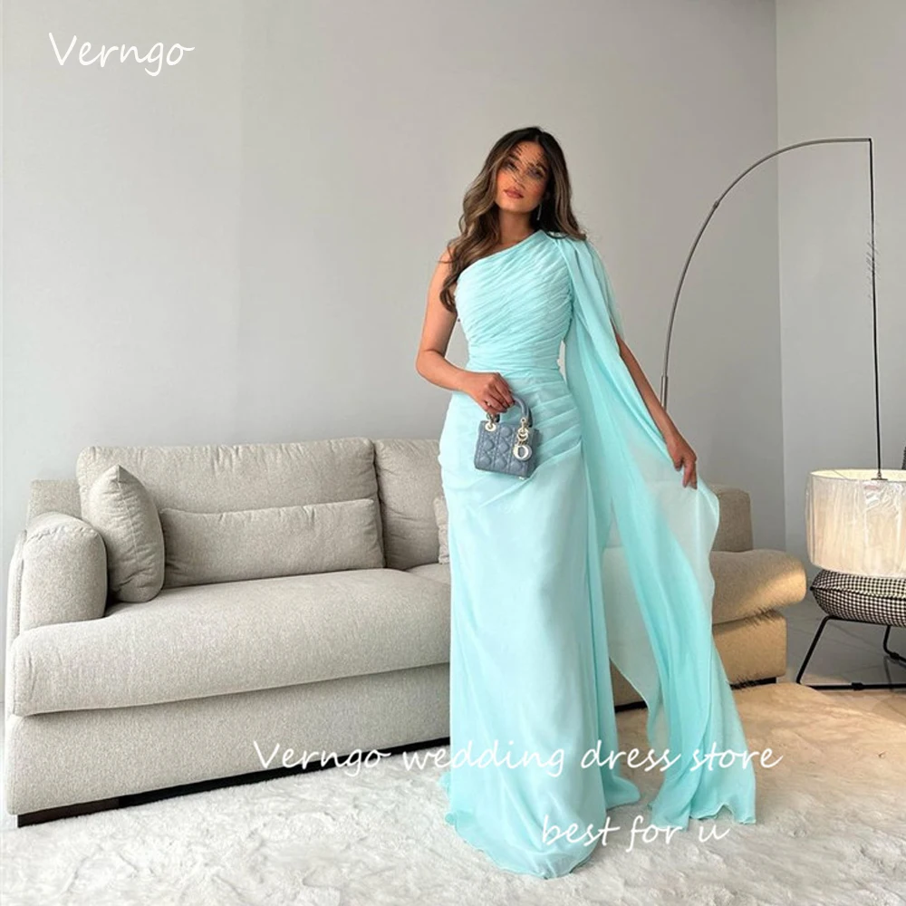 

Verngo Mint Green Chiffon Saudi Arabic Evening Dresses One Shoulder Pleats Long Cape Sleeve Saudi Arabic Prom Gowns Party Formal