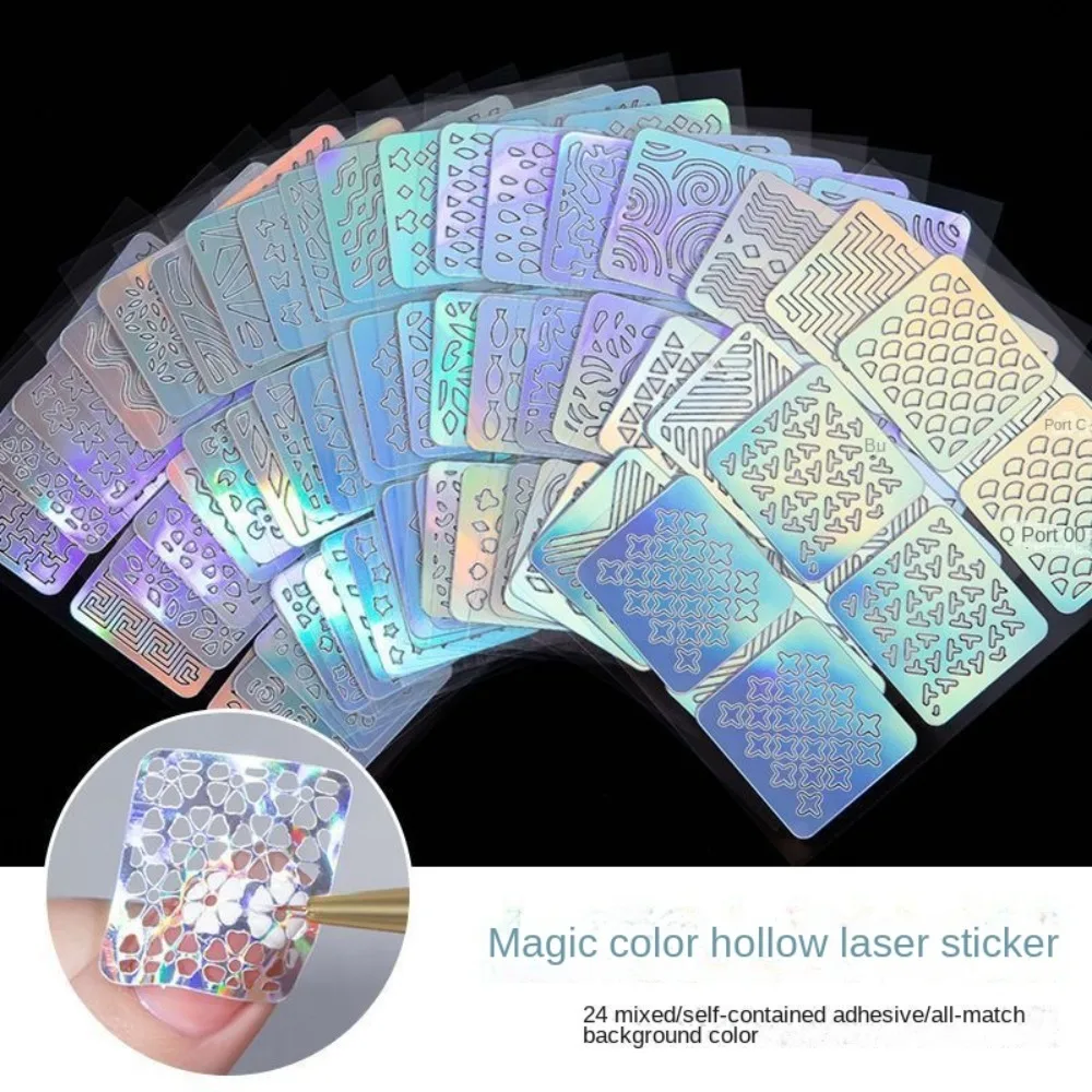 6/12/24/26pcs Laser Nail Sticker Set Holographic Adhesive Painting Template DIY Manicure Design Nail Art Sticker Manicure Tool