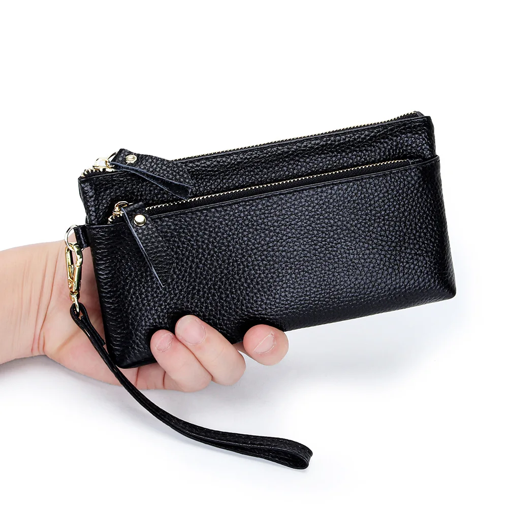 Women's Wristlet Clutch Purse Genuine Leather Clutch Cellphone Smartphone Long Wallet Vintage Purse Travel Double Zip Wristlets