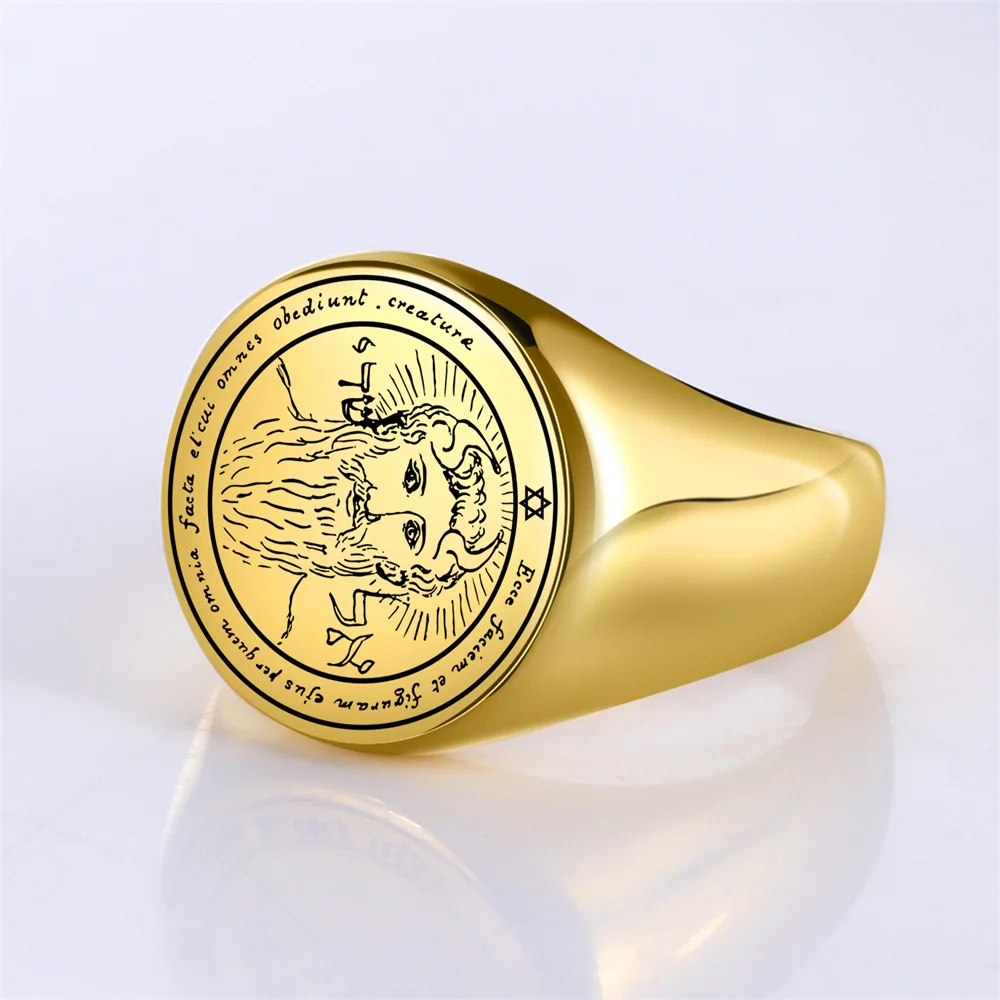 EUEAVAN Stainless Steel Key of Solomon Seal Rings Gold Color The First Pentacle of Sun Men Ring Wealth Good Luck Amulet Jewelry 2