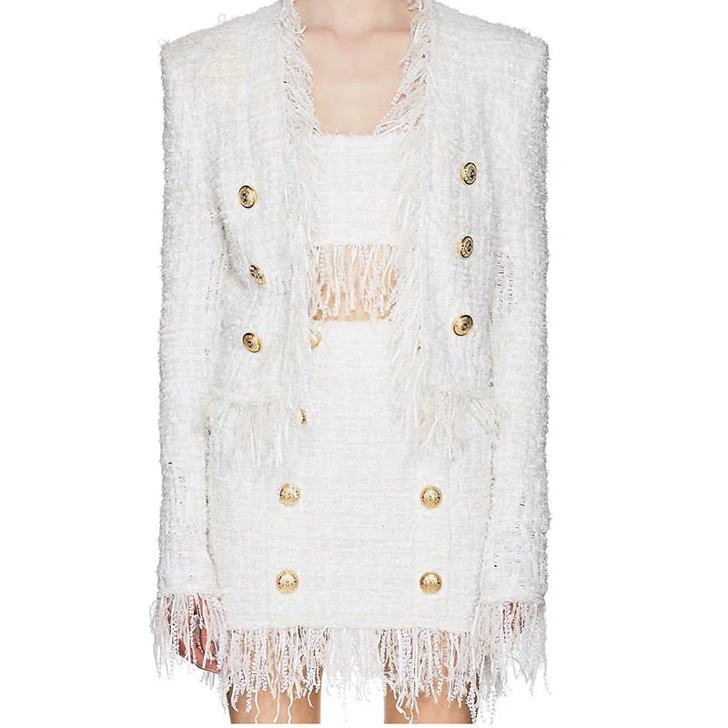 

Newest 2023 Fall Winter Baroque Designer Women's White Jacket Lion Buttons Tassel Wool Blend Tweed Ladies Blazer Coat Outwear