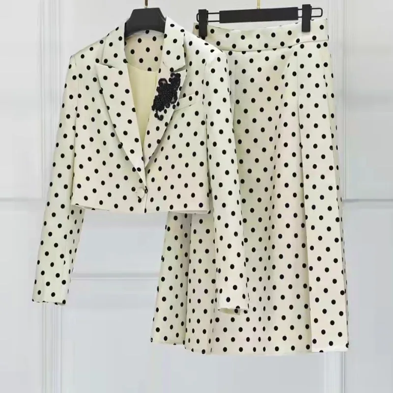 

Top Quality Designer Clothing Sets 2023 Spring Autumn Skirt Suit Women Polka Dot Print Long Sleeve Coat Outwear+Long Maxi Skirts
