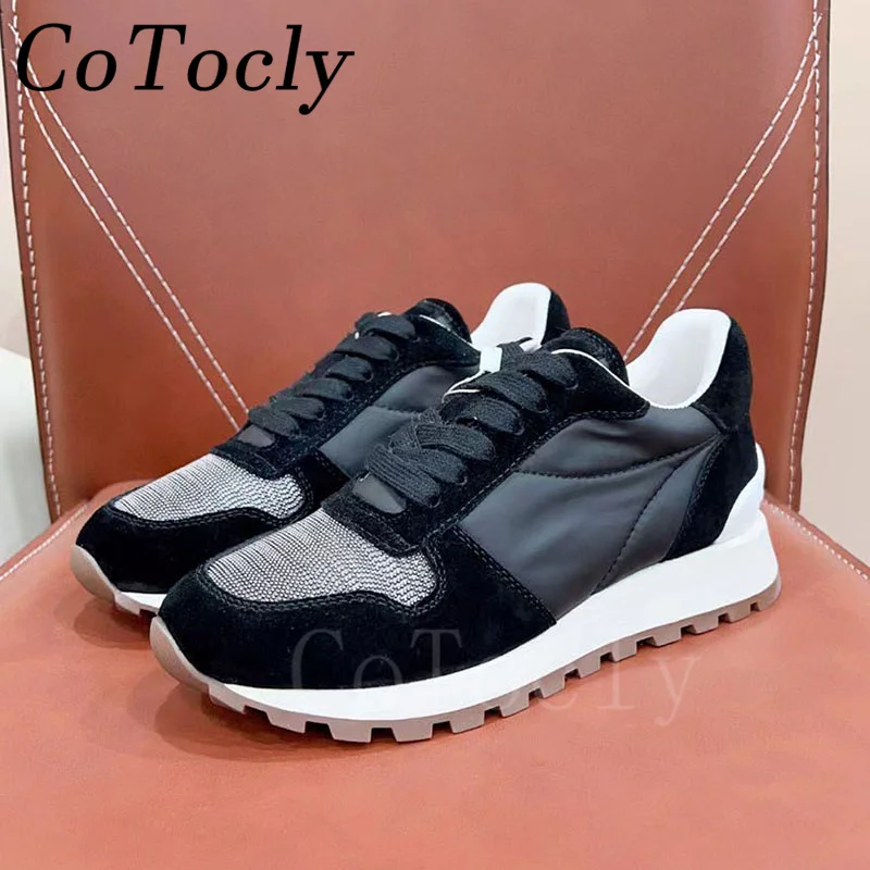 

Casual Sneakers Woman Cow Suede String Bead Patchwork Run Shoes Thick Sole Sports Shoes Lace Up Round Toe Cosy Flat Shoes Women