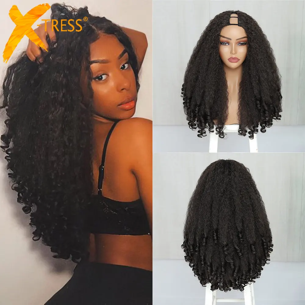 X-TRESS Afro Lockige V Teil Perücke mit Bouncy Locken Synthetische Verworrene Gerade Glueless Haar für Frauen Keine sich Lassen Clip in Halb Perücke