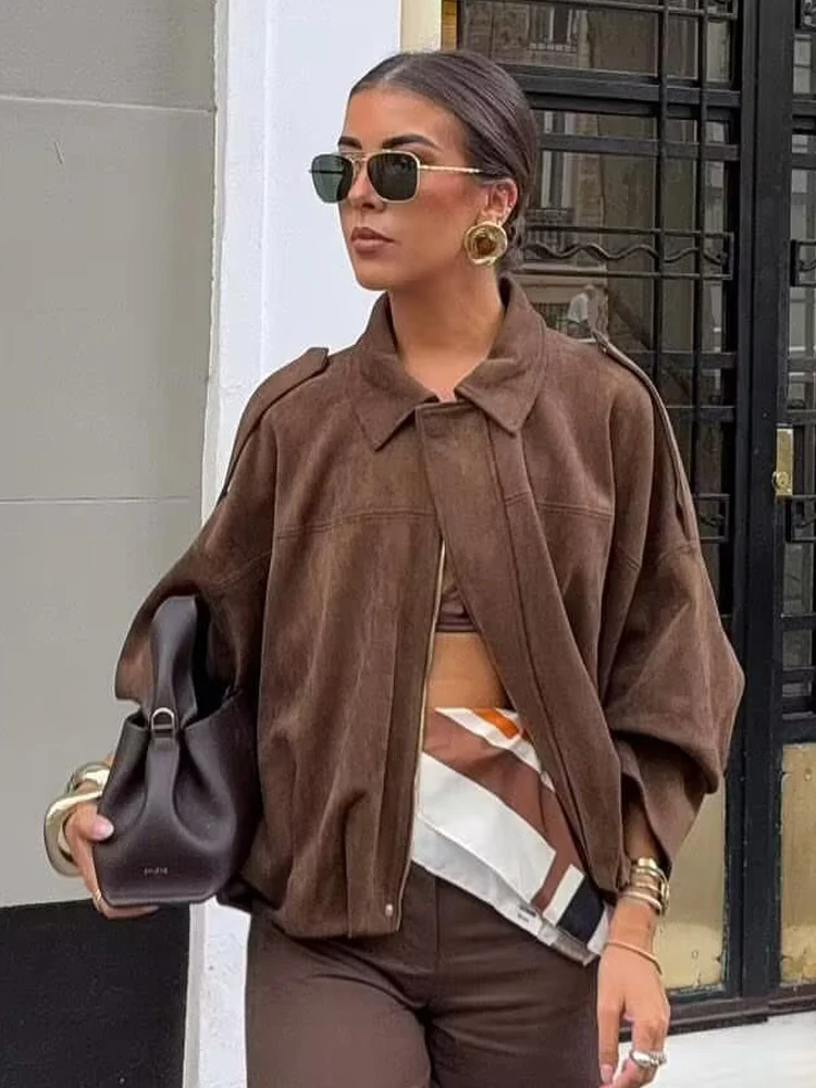 Women Imitation Deer Skin Jacket 2025 New Autumn Winter Fashion Long Sleeve Zipper Coat Chic Female High Street Outerwear