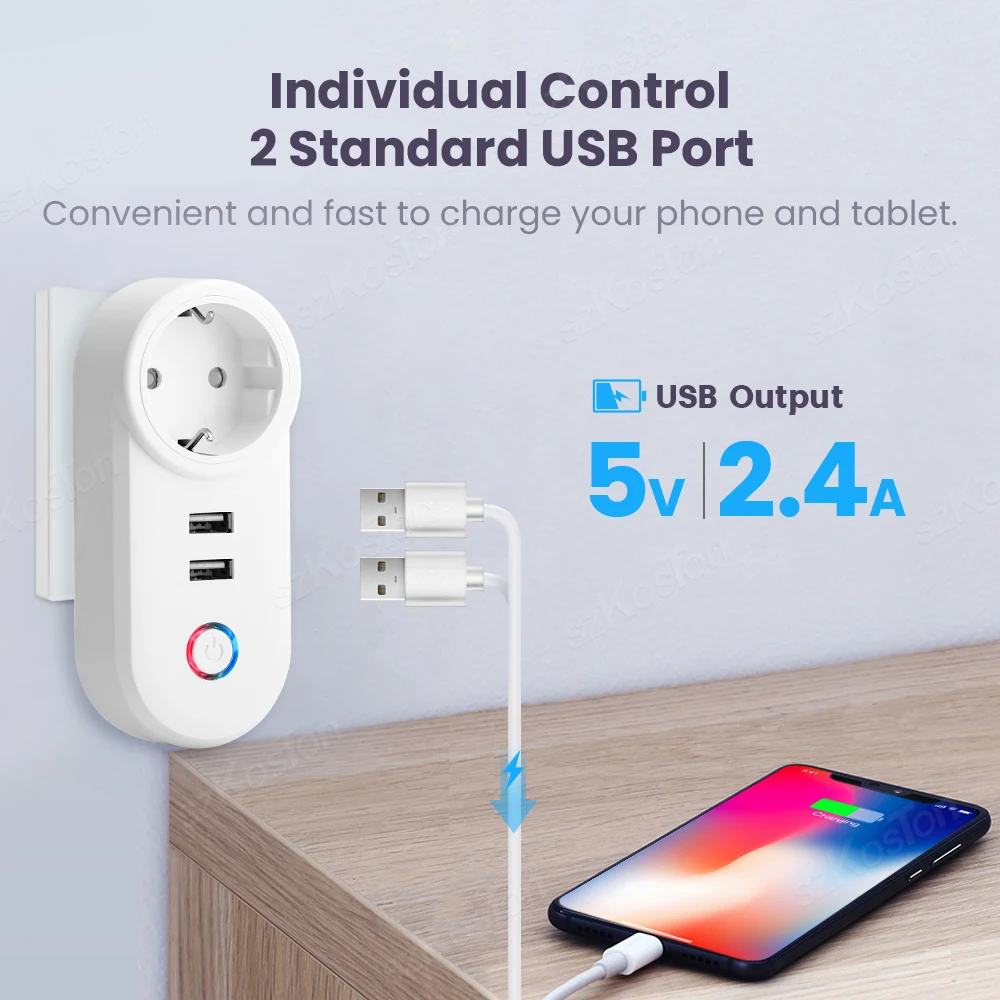 Tuya Ʈ  Wifi Ʈ ÷(2 USB  ) EU  ܼƮ ȭ  Alexa Google Ȩ Ÿ̸  