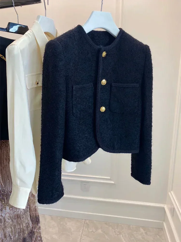 Description Picture 6 of itemElegant Coats Spring Autumn Women Clothes Jacket New High Quality Women Fashion Jackets Black Tweed Two Pockets Golden Buttons