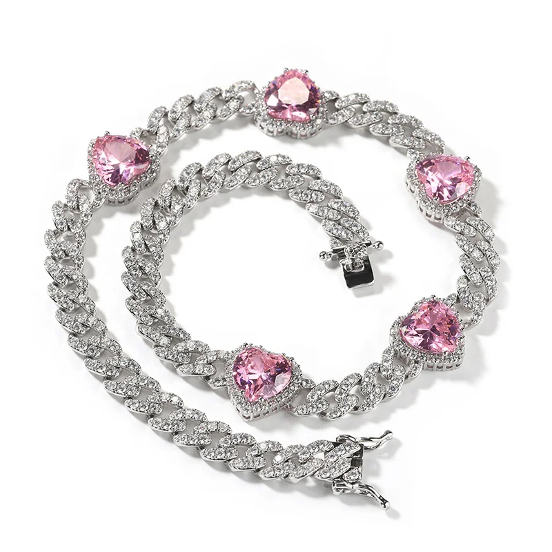 

Цепочка-чокер унисекс с фианитом, украшение в стиле хип-хоп, 5 А +, 7-24 дюйма, со сверкающими звеньями в форме розовых сердец, ювелирное изделие для мужчин и женщин