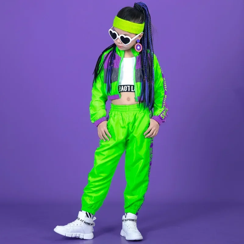 

Kids Girls Fluorescent Green Sets Streetwear Stage Show Hip Hop Jazz Dance Clothing Teens Children Tracksuit Jacket Pant