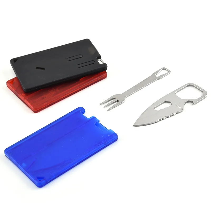 Cuchillo de barbacoa para acampar, tenedor EDC, seguridad, primeros auxilios, herramienta multifunción para exteriores, tarjeta