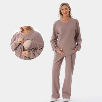 Large Size Maternity Clothes Winter Lounge Wear Set Warm Cotton Waffle Breastfeeding Sweater and Long Trousers Pregnancy Clothes