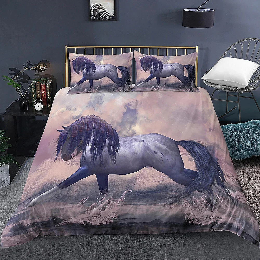 3D Animal Printed Duvet Cover Set Domineering Galloping Horse Bedding Set Soft 2/3pcs Polyester Quilt Covers with Pillowcase