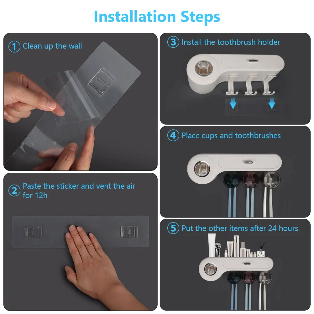 Toothbrush Holder Wall Mounted 3 Cups Toothbrush Holder Wall Mounted with Toothpaste Dispenser Space Saving Capacity Tray 1Pc