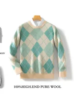 Men's 100% Merino Wool Multicolor Sweater Round Neck Knitted Pullover Cashmere Thickening Tops Long Sleeve Jumpers Autumn Winter 2
