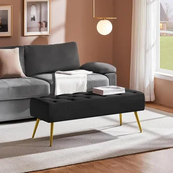 45" Black Velvet Ottoman Bench with Gold Legs 1
